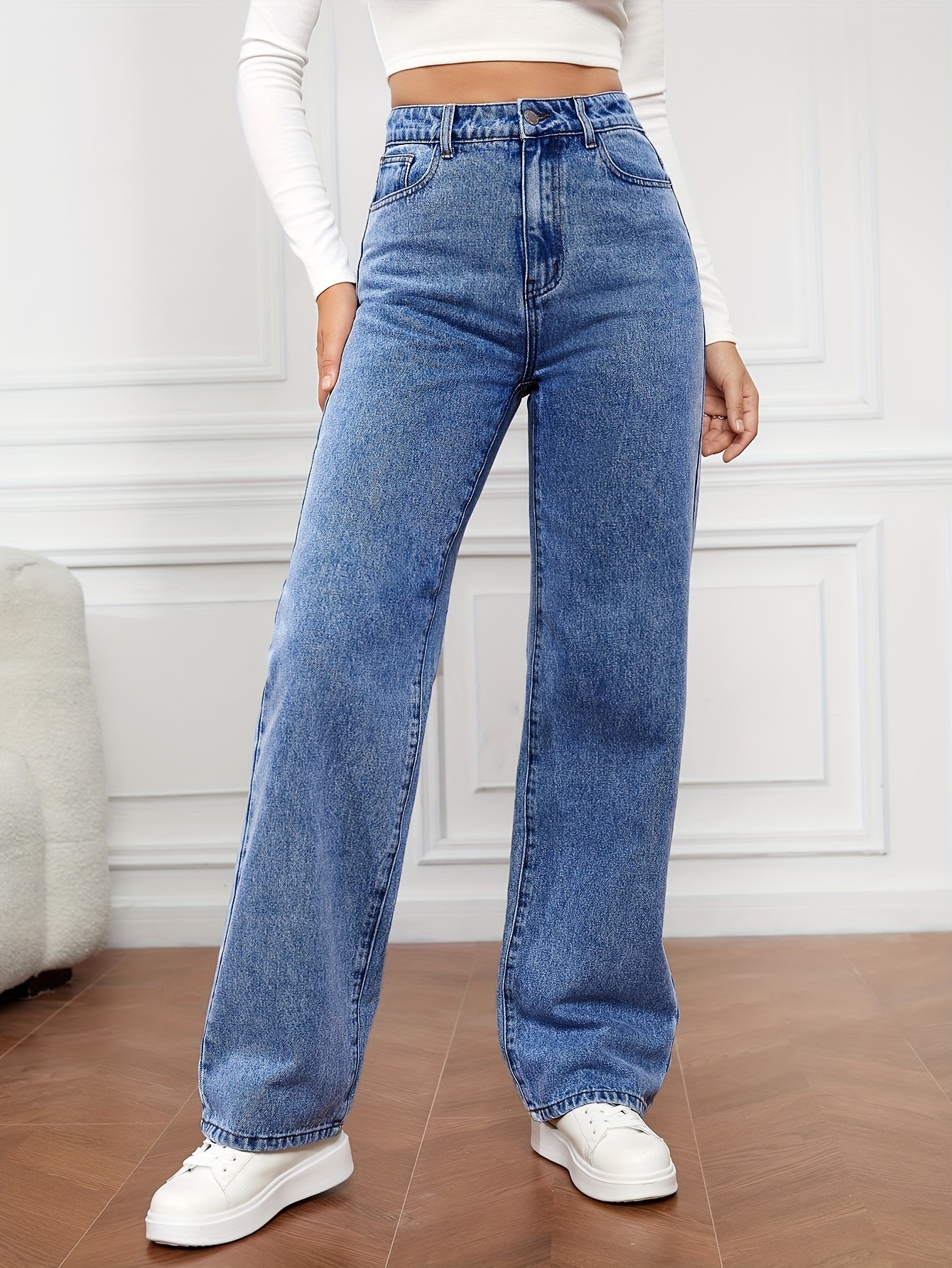 womens high waist washed jeans versatile straight leg pants casual style denim long trousers for daily wear details 2
