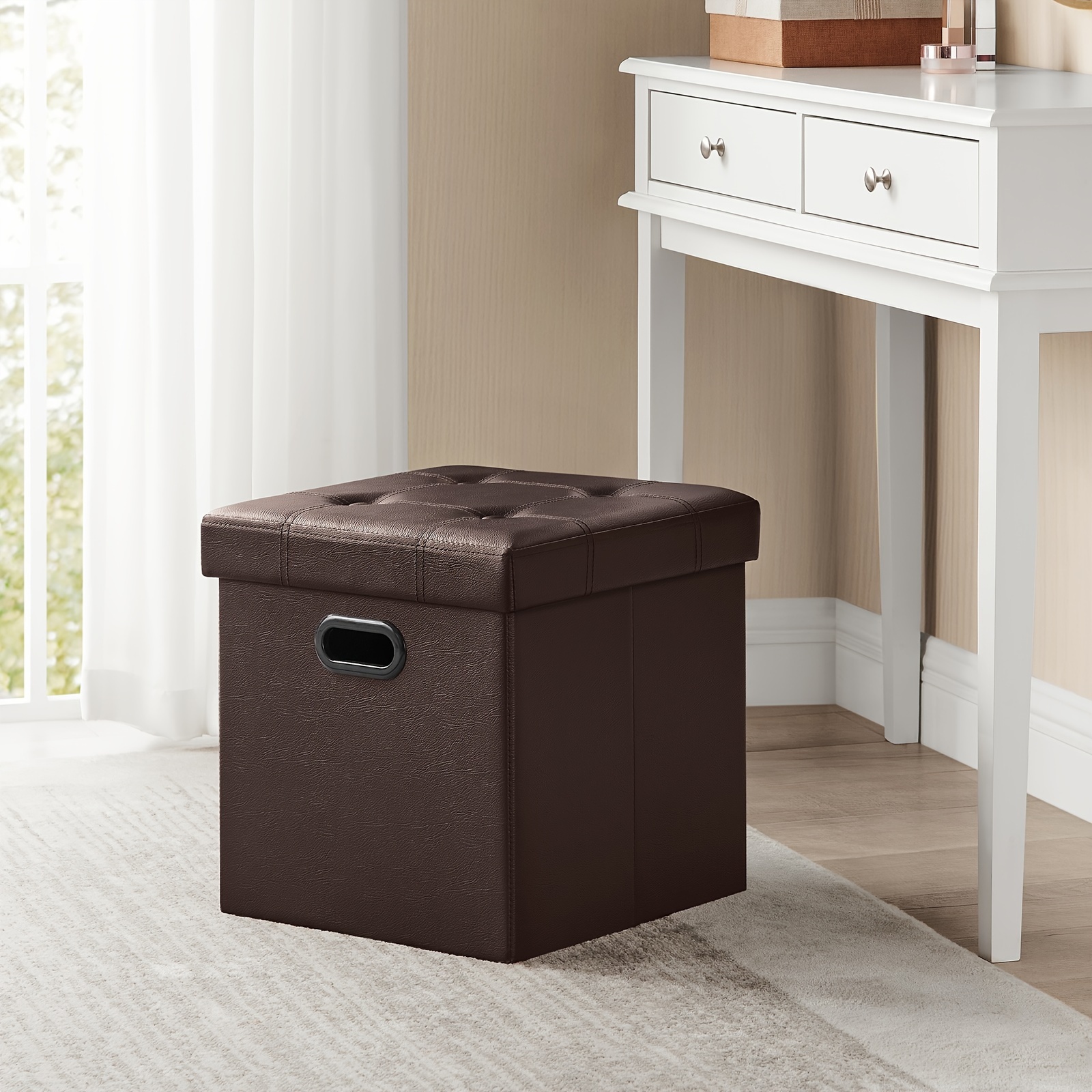 

15 Inches Ottoman With Storage, Footstool, Storage Ottoman With Metal Grommet Handles, Synthetic Leather, 660 Lb Load Capacity, For Dorm Room, Living Room, Bedroom, Brown