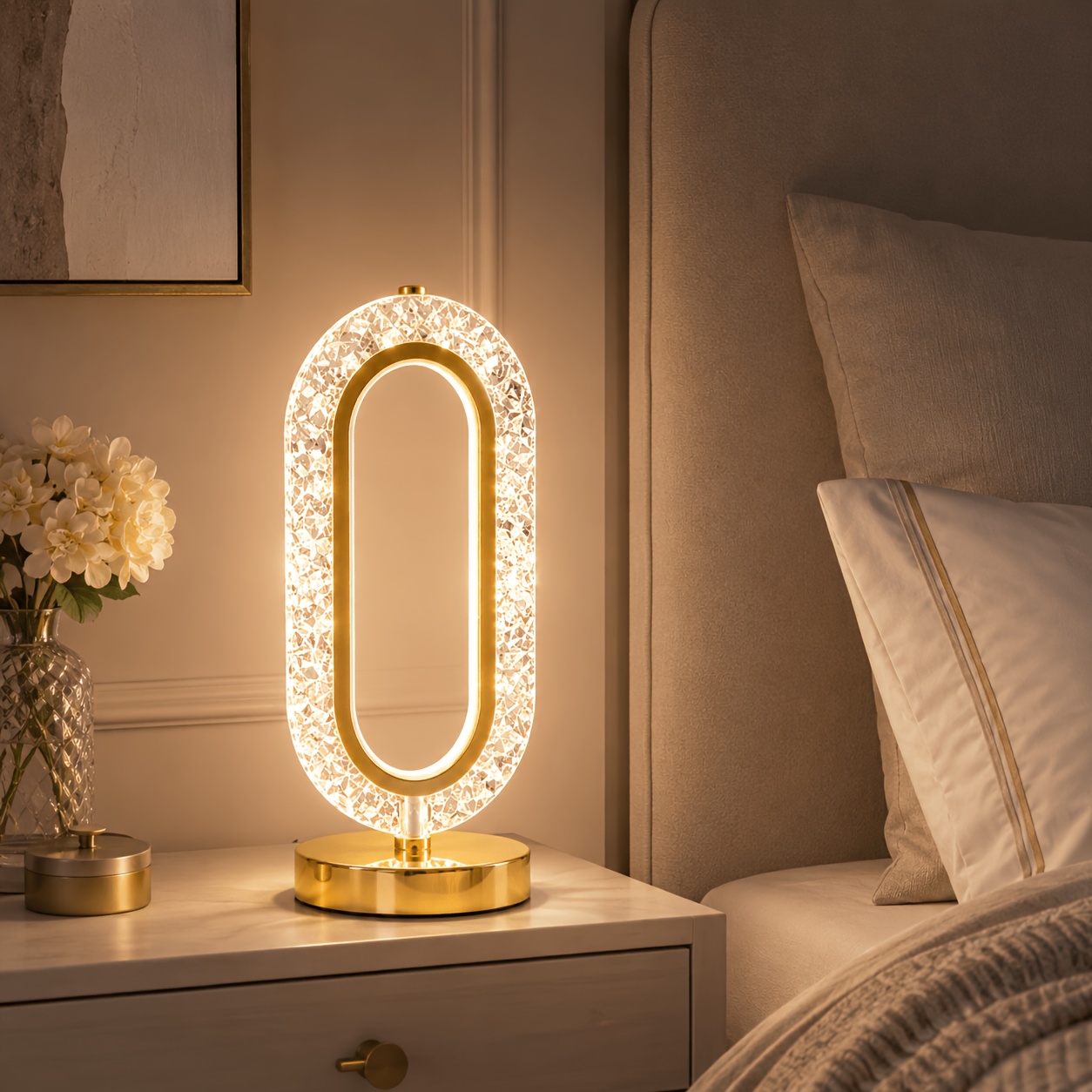 TEMU 1 -pack Luxury Oval Crystal Table Lamp -controlled Led Lamp With 3-color Lighting, , And Usb Charging; Ideal As A Bedside Night Light Or