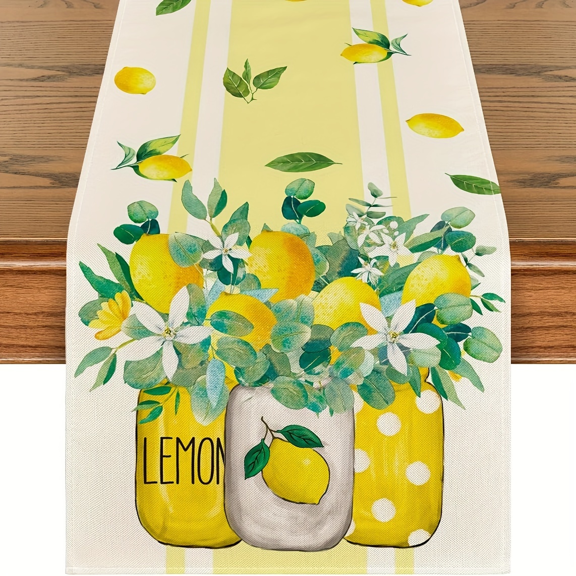 

1pc, Lemon And Leaves Pattern Print Summer Table Runner, Spring Kitchen Dining Table Decoration For Home Party Decor