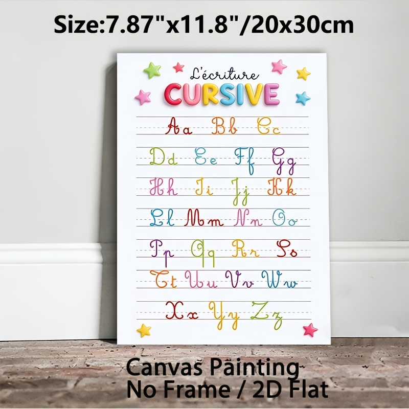 TEMU Affiche 2D plate, alphabet cursif moderne - Art mural de lettres cursives colorées et ludiques, convient pour l'apprentissage de l'écriture,
