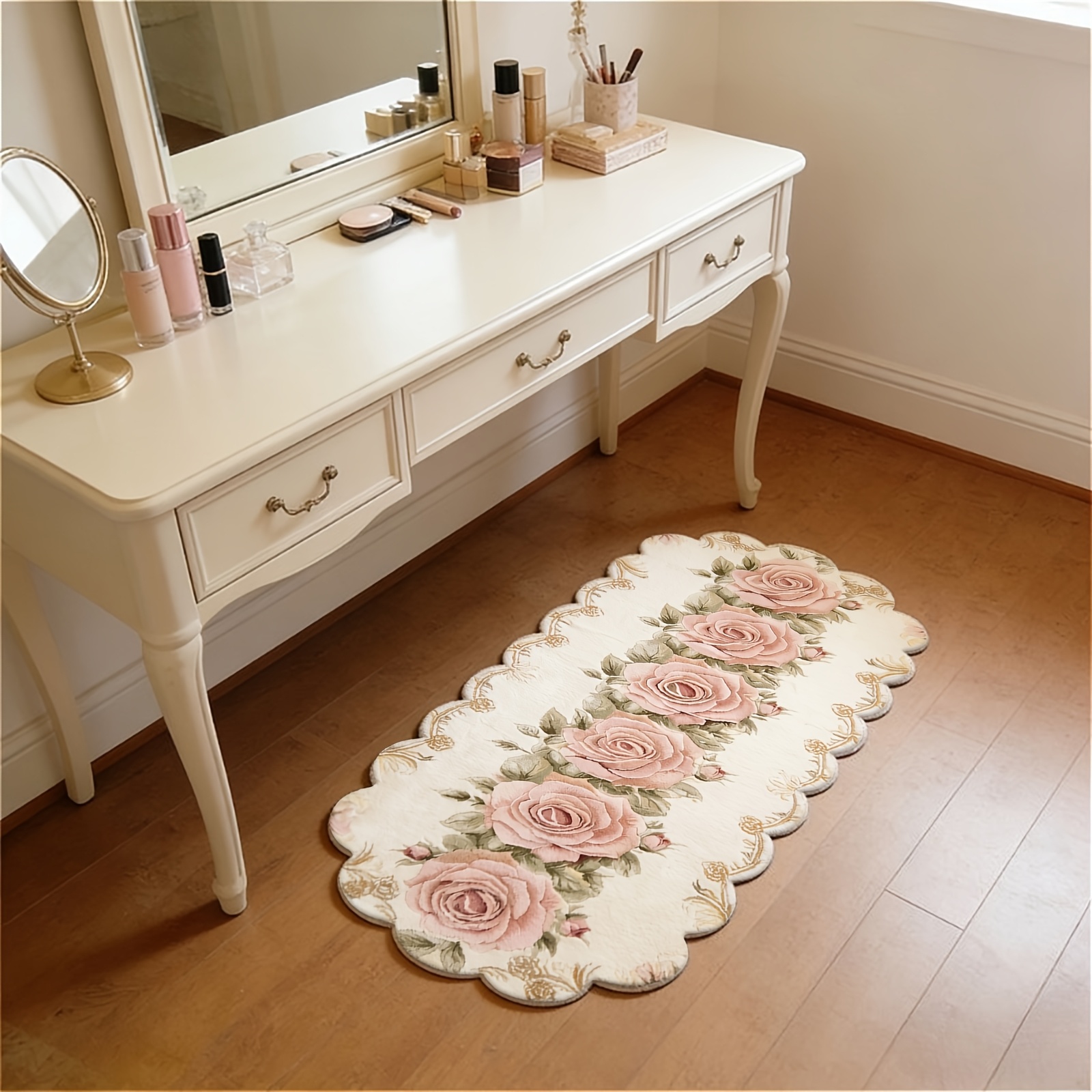 TEMU Light Luxury Rose Pattern Bedroom Decorative Bedside Rug, European Country Style Living Room Sofa Carpet, Fluffy And Soft Vanity Rug, Washable