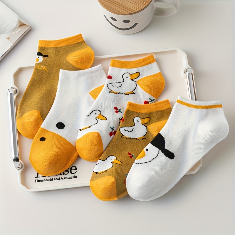 TEMU 5er-Pack modische, individuelle, lustige Enten-Cartoon-Socken mit gelbem und weißem Muster, bequeme, lässige -Socken