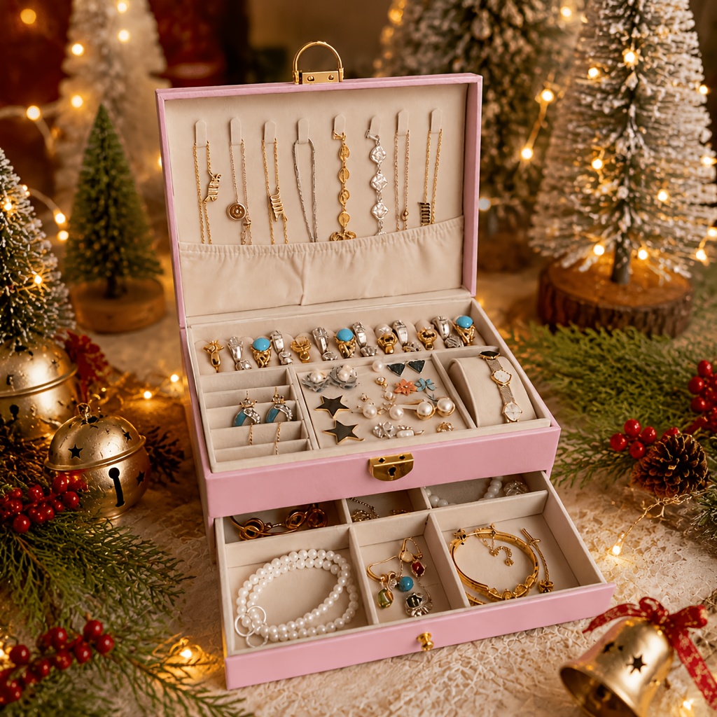 1pc Rhombus Double-Layer Christmas Gift Premium Large Capacity Jewelry Box - Faux Leather Multifunctional Jewelry Case, Lockable Watch Box, Portable Jewelry Organizer, Drawer-Style Vanity Jewelry Organizer