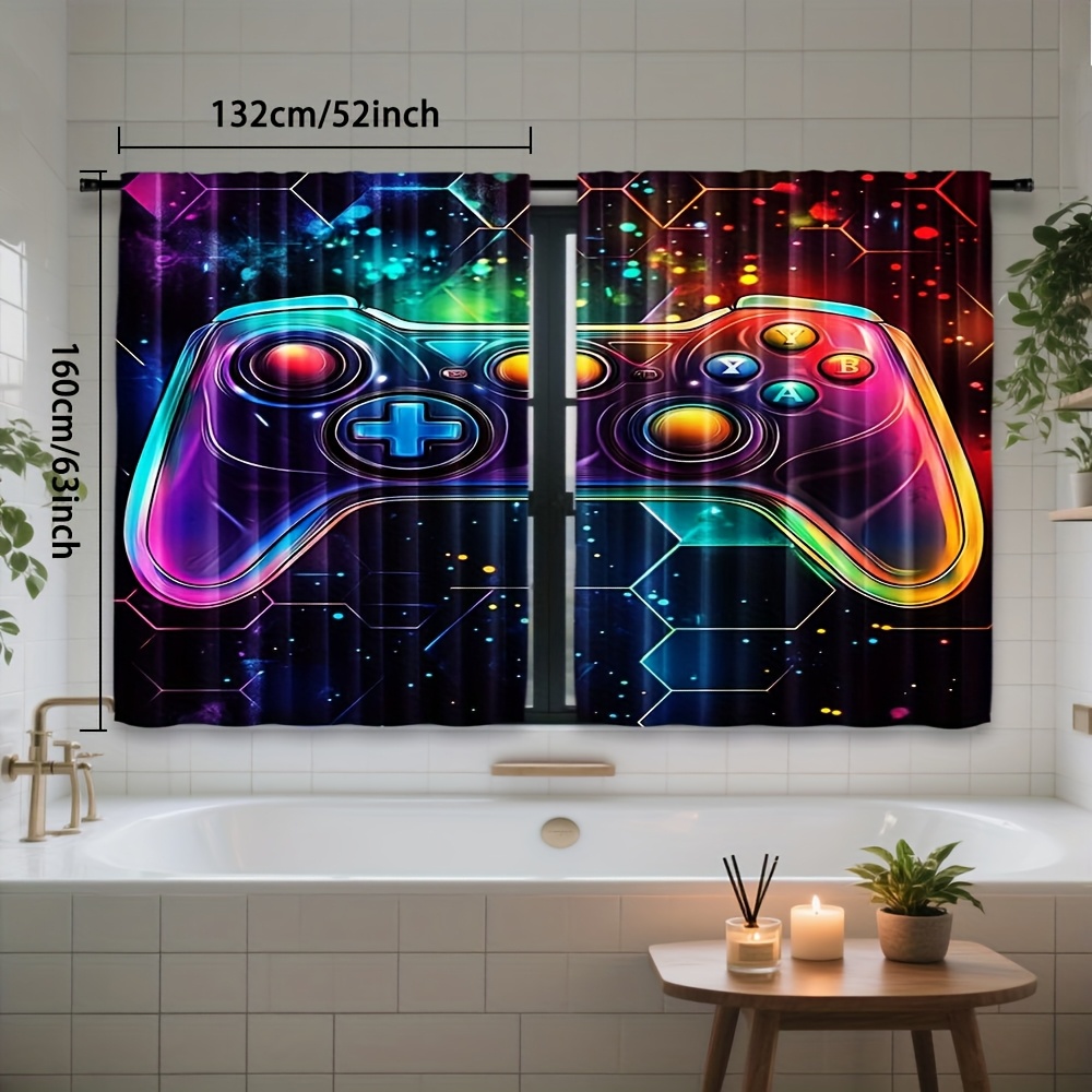 TEMU 2pcs, Vibrant Gaming Controller Print Artistic Print Polyester Curtains Rod Light Filtering For Bedroom Living Room Office Decor, Great For