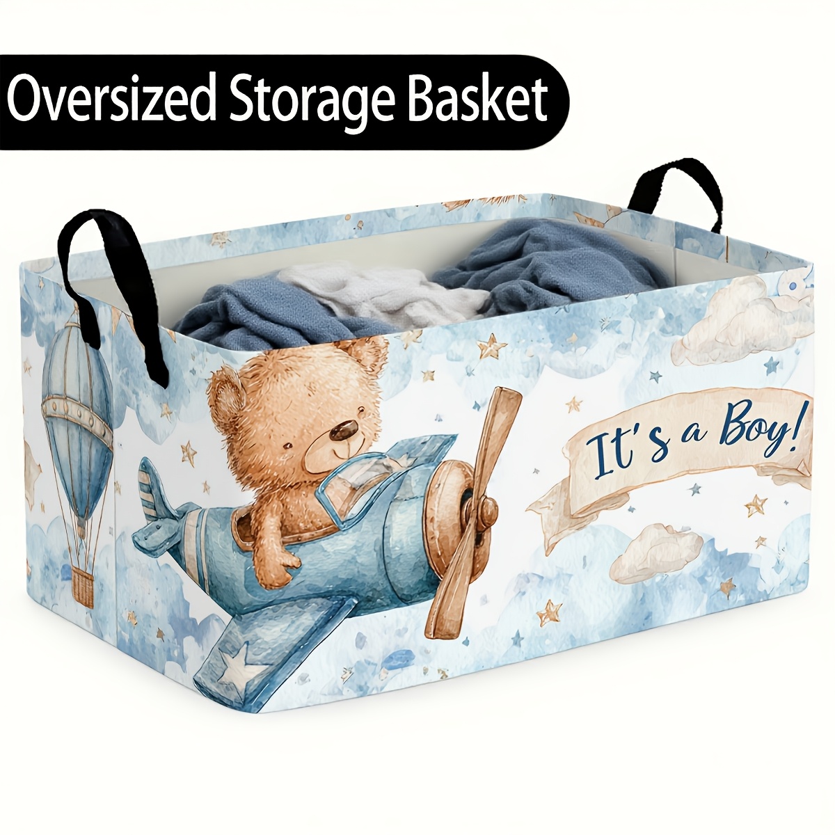 TEMU 1 pièce Grand panier de rangement pliable avion ours - Boîte portable en toile avec motif d'ours de dessin animé et d'avion, convient pour