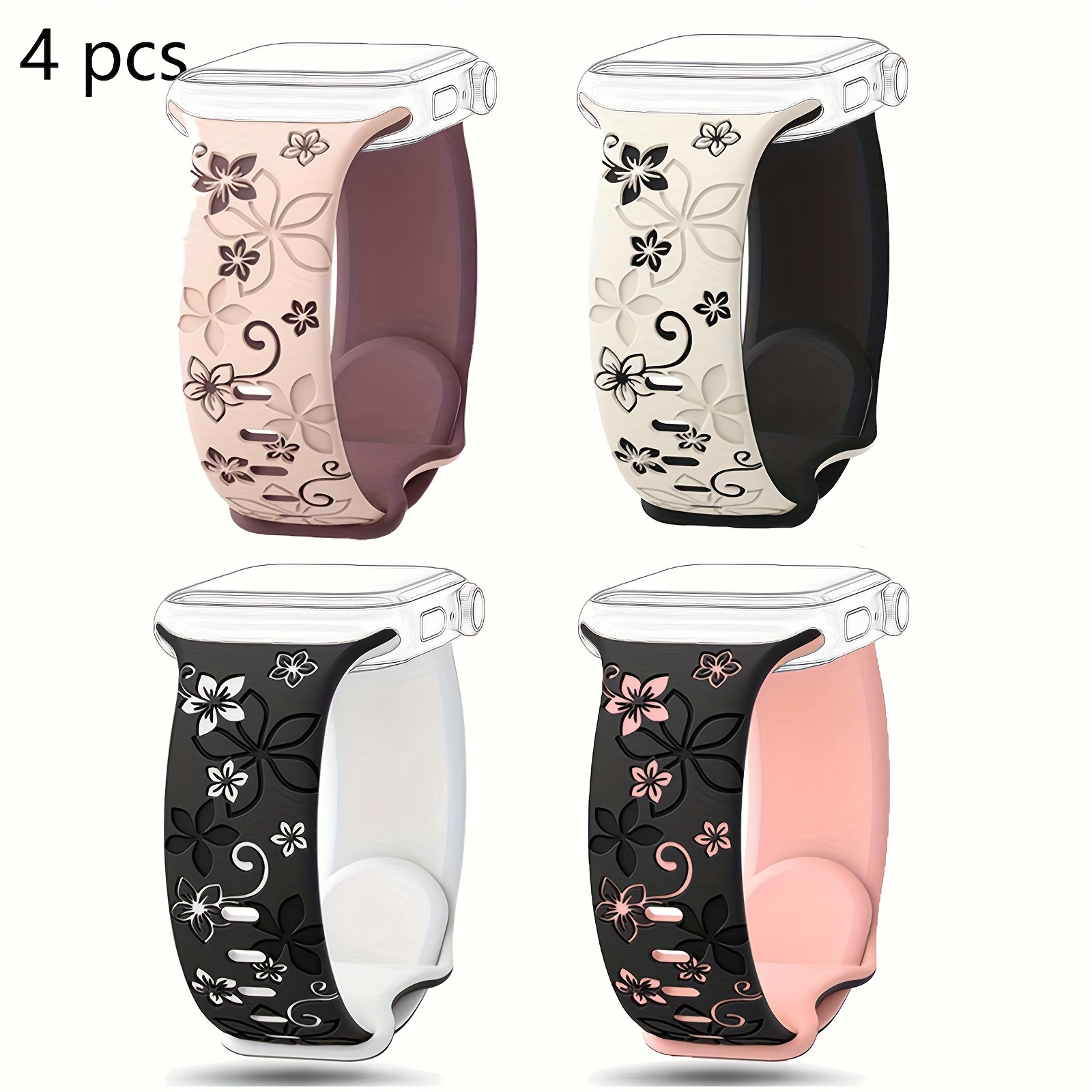 Image of 4 Pack Floral Engraved Bands Compatible For Watch Band 46mm 41mm 40mm 44mm 45mm 42mm 38mm 49mm For Women, Cute Flower For Iwatch Bands Strap Waterproof For Iwatch Series Se 10 6 5 4 3 Ultra 2 1