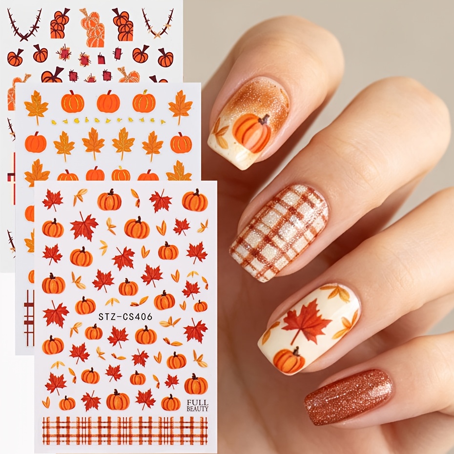 TEMU 3pcs Automne Citrouille Feuille d'érable Nail Art Breloques Foils Mignonnes Automne Citrouille Aquarelle Feuilles Décalcomanies pour Ongles Fête