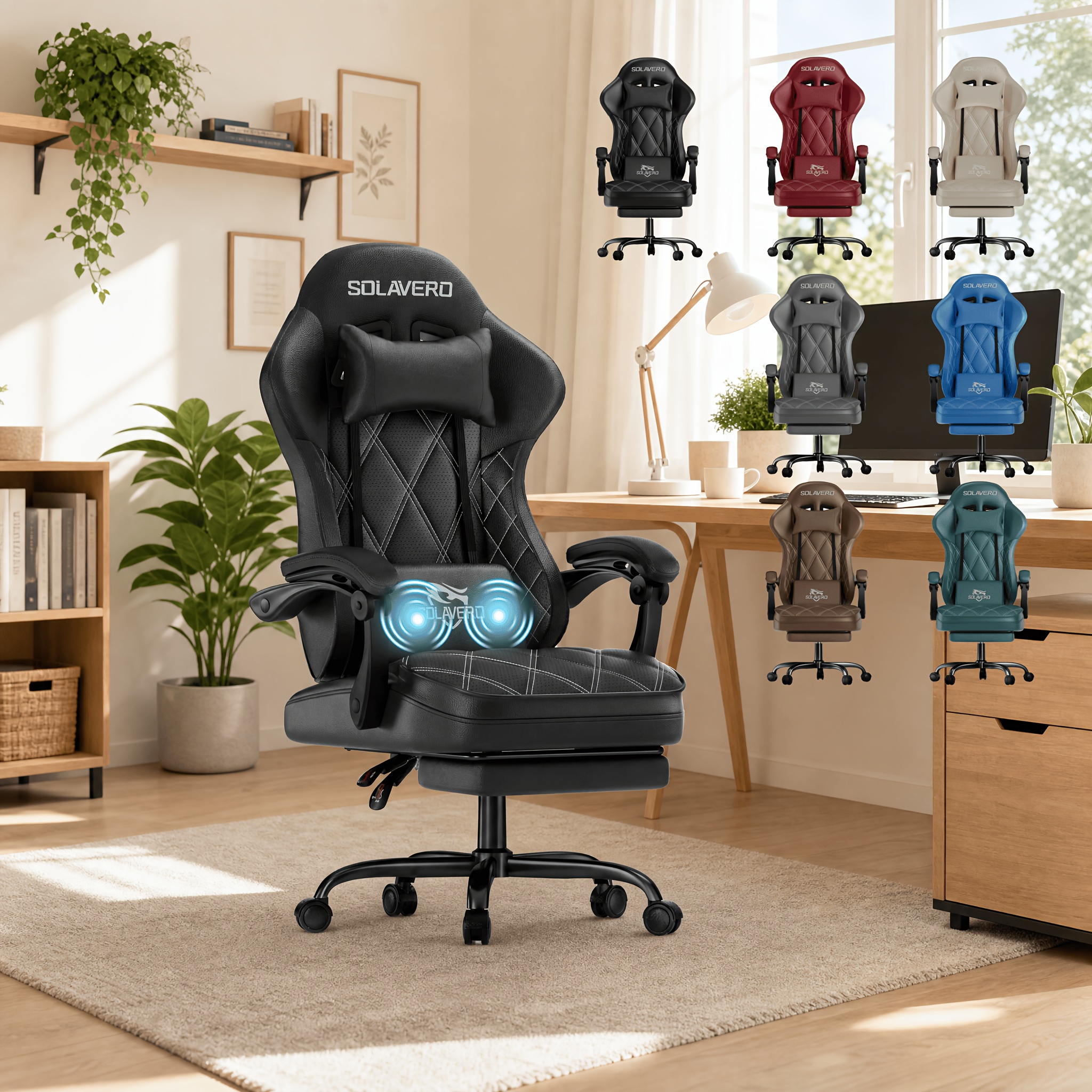 Gaming Chair, Ergonomic Video Game Seat With & Lumbar Massage, Computer Chair Pvc Leather Cushion For Adult Home/office Use