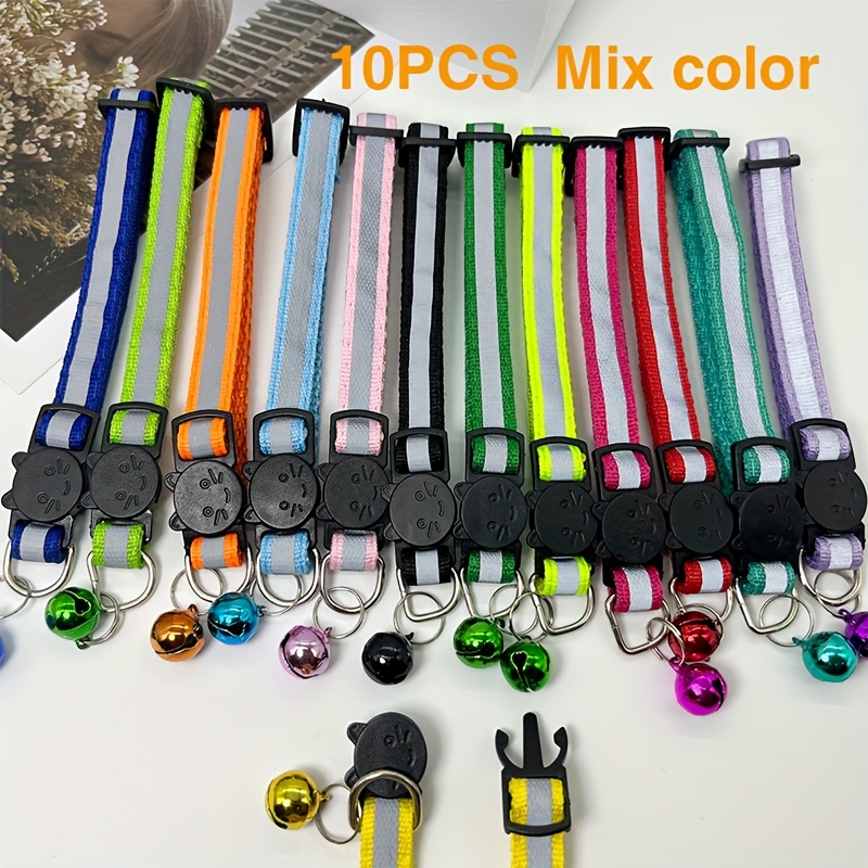TEMU 10pcs Adjustable Reflective Cat Collars With Safety , For Outdoor Visibility, Suitable For Small Dogs, Visibility Collars | Colorful Collars | Durable Polyester, Without Battery