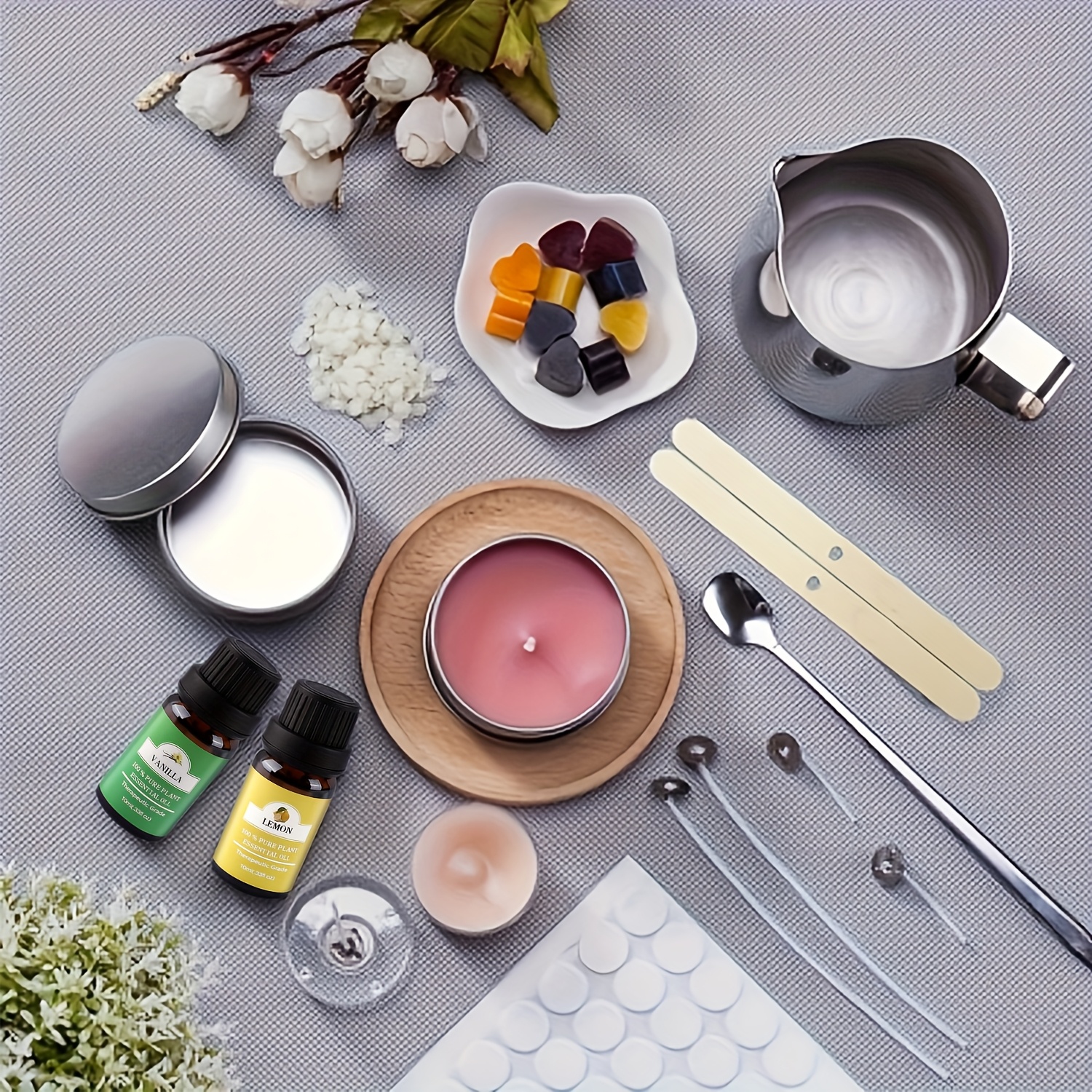 DIY Candle Making Kit with Soy Wax, Essential Oils, Colored Wax Blocks, Wicks, Stirring Spoon, Pouring Cup, and Storage Jar – Complete Begin
