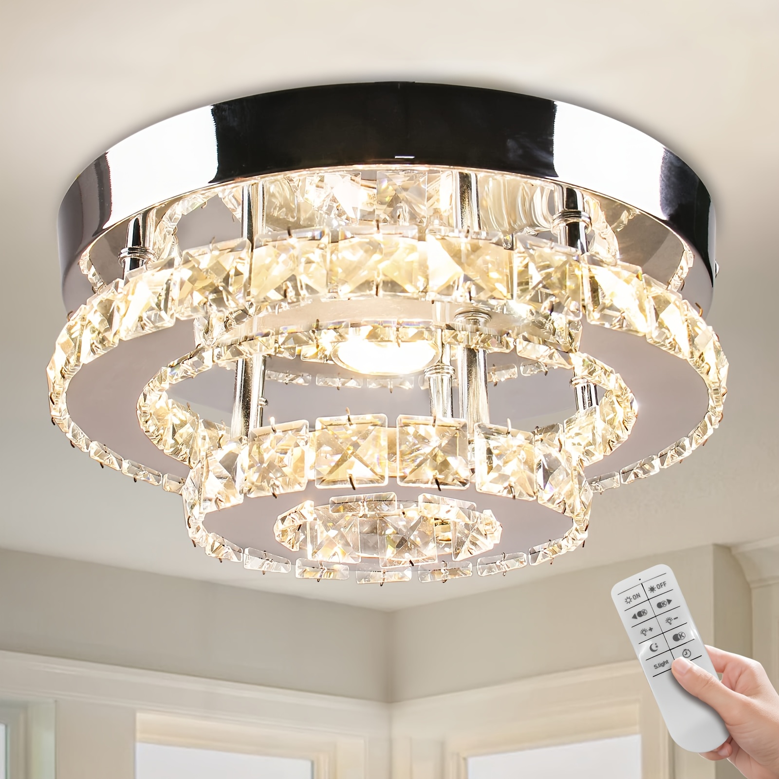 TEMU Mini Chandelier Led Crystal Ceiling Light 2 Layers Round Flush Mount Ceiling Light Modern Chandelier Lighting For Hallway Staircase Kitchen Bathroom (dimmable)