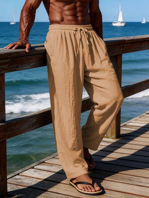 shui obm mens loose fitting jogging pants woven linen solid color straight leg pants casual light business trousers breathable beach pants with drawstring and suitable for daily wear and outdoor sports