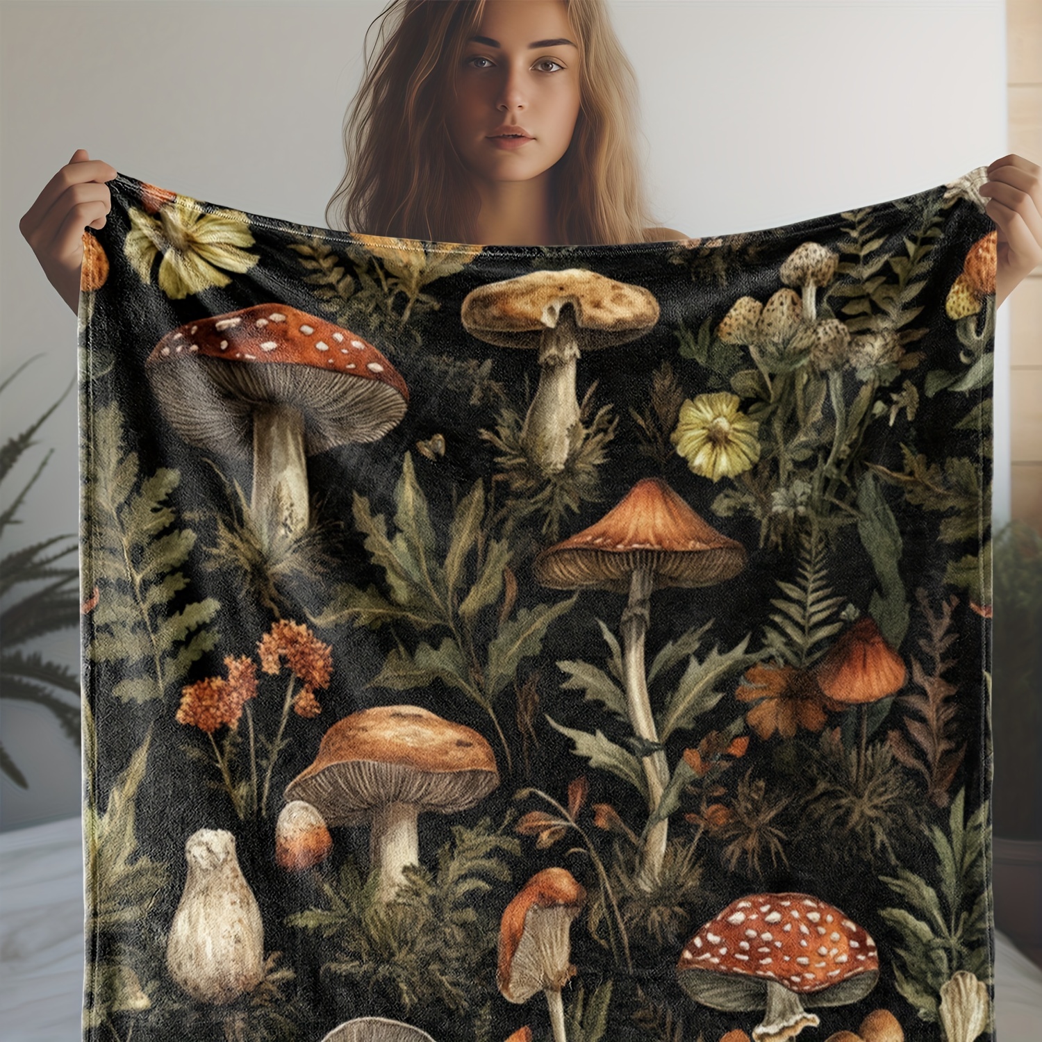 

Rustic Country-style Flannel Throw Blanket With Vintage Mushroom & Foliage Print - Multipurpose Knitted Throw For Couch, Bed, Travel, And Office - , 100% Polyester, 250-300gsm