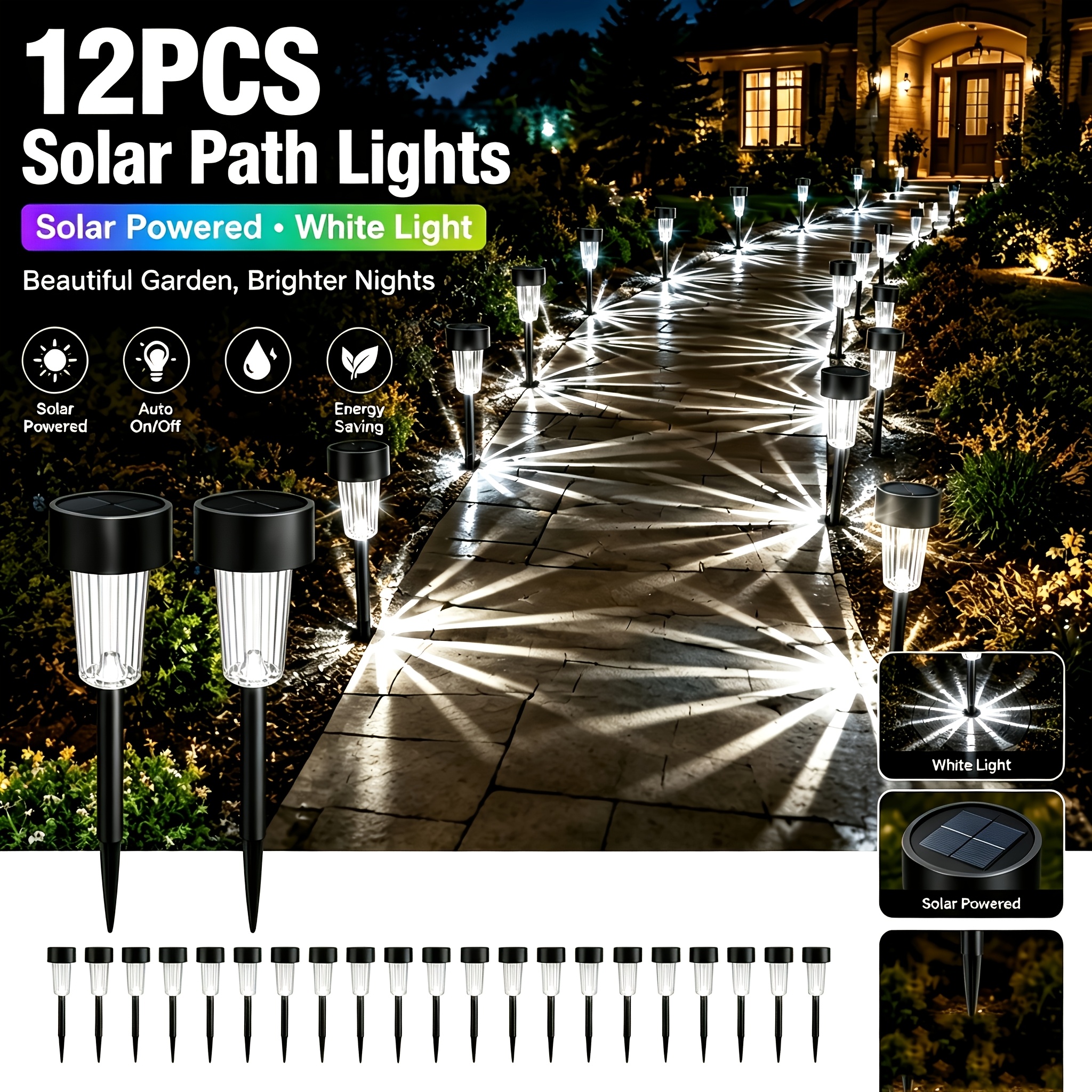 TEMU 12-pack Solar-powered Pathway Lights, Led Tube Landscape Lighting With Sensor , Suitable For Lawns, Private Walkways, Patio Areas, And