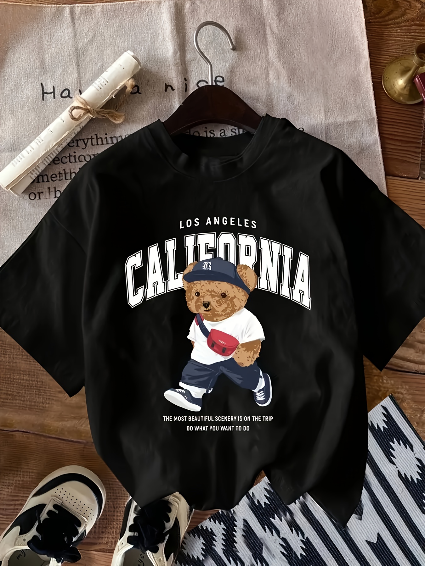 Women's Black Skateboarding Bear & Los Angeles California Graphic T-Shirt - Soft Stretch Crew Neck Casual Top for Spring Summer Fall, Machine Washable Streetwear-Inspired Tee, Spring Summer Apparel, Medium Elasticity Fabric
