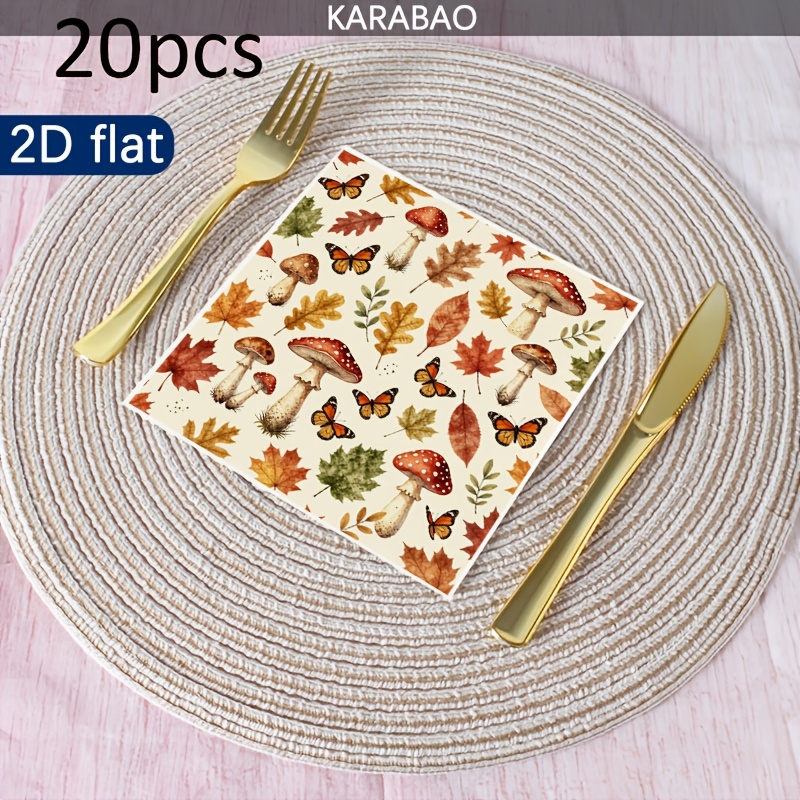 TEMU 20pcs, Autumn Maple Leaf Dance Red Mushroom Printed Napkins, Paper Towels Kitchen And Bathroom Tissue Napkin, Suitable For Holiday Dining