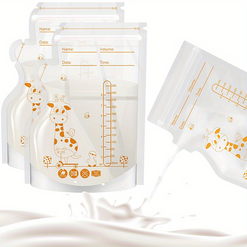 

30/60pcs Giraffe-themed 250ml Milk Storage Bags With Spout, For Breast Milk Freezer Storage, White Pe Material, Cute Animal Design For Feeding