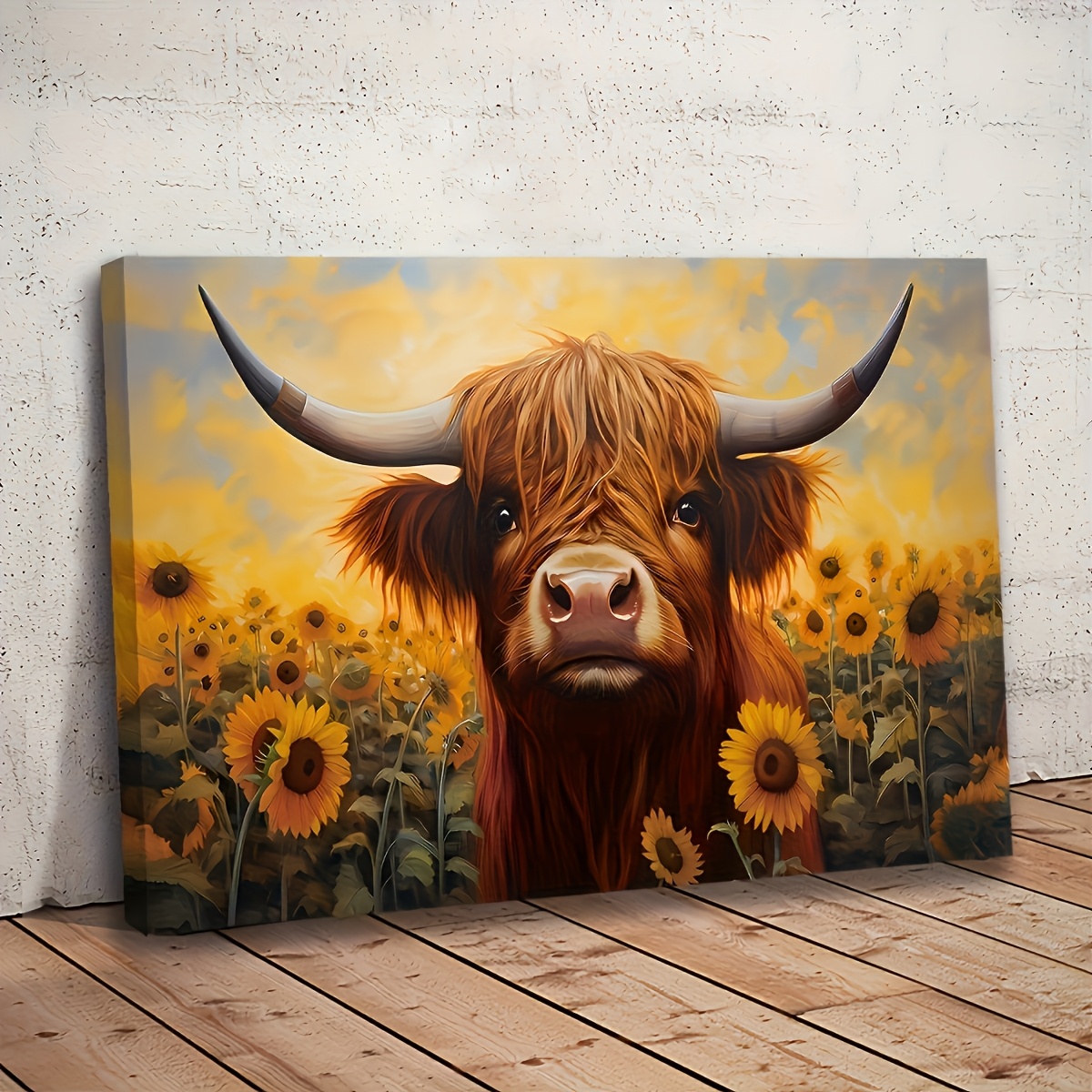 TEMU 2d Flat, Highland Cow And Sunflower Canvas Art With Wooden Frame, Warm Tones, Perfect For Living Room, Bedroom, Or Home Office Decor, Sunset,