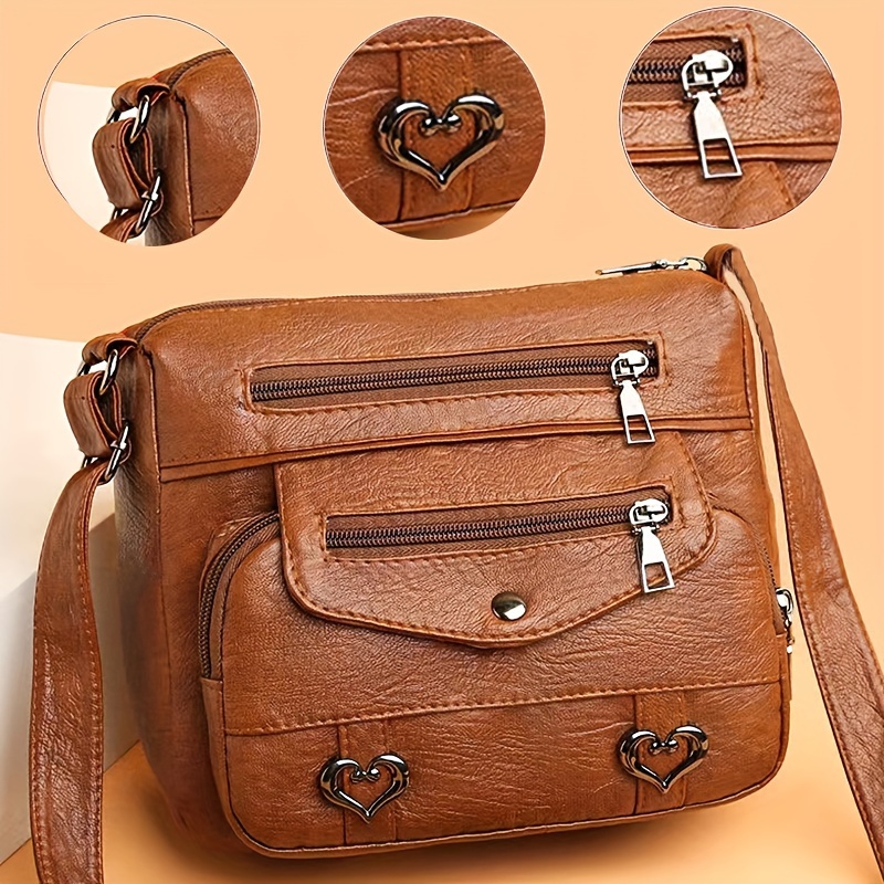 

[multipocket Design] Vintage-inspired Brown Leather Crossbody Bag Accents, Adjustable Strap, And Multiple Zippered Pockets - Stylish Shoulder Travel Bag For Women