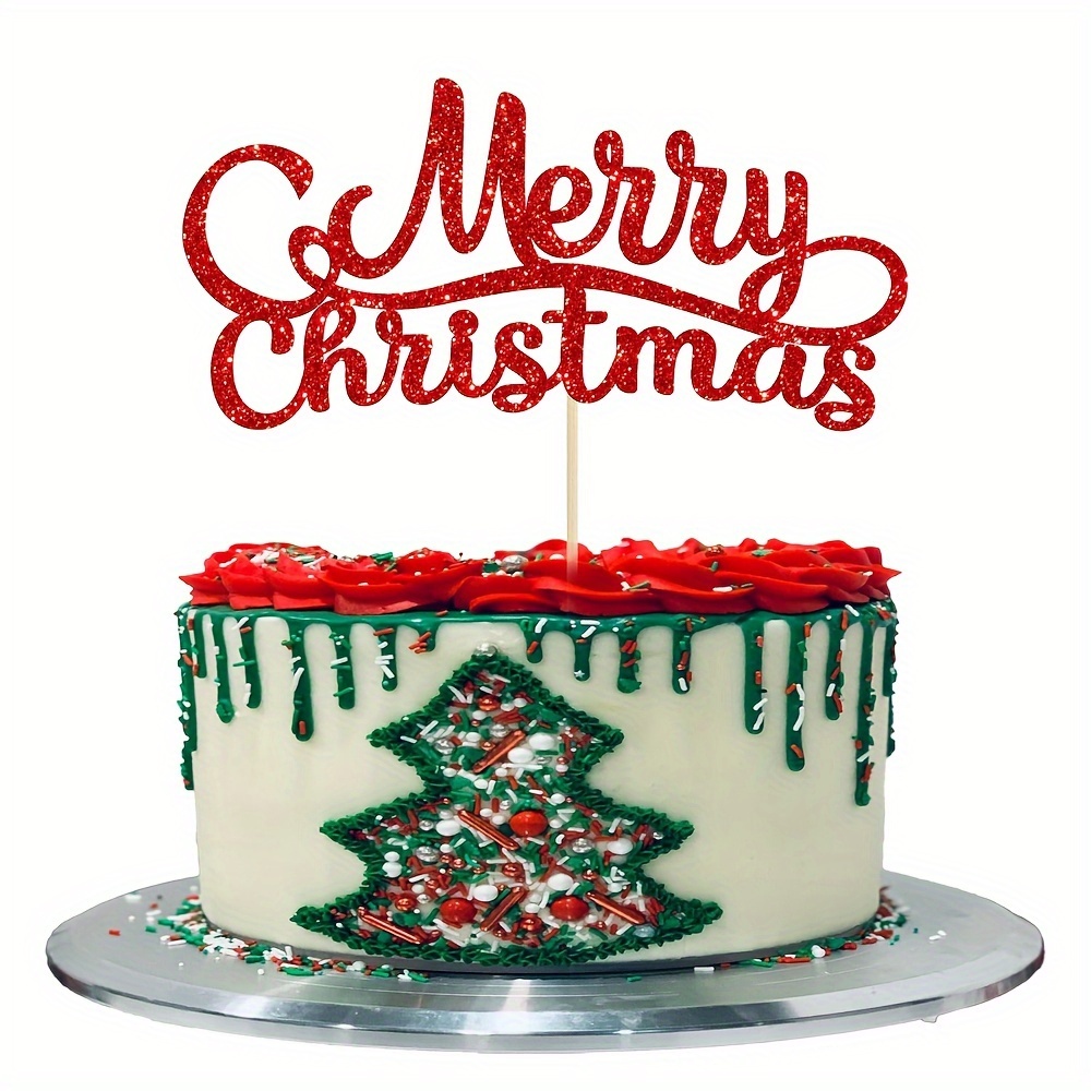 1pc Merry Christmas Cake Topper Red Glitter Xmas Holiday Cake Decorations For Winter Christmas Santa Happy New Year Party Supply Decoration