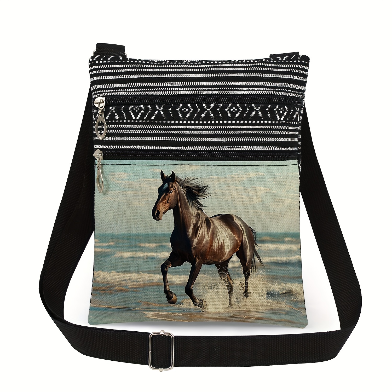 Image of Black And White Stripe Pattern Random Oil Painting Creative Shoulder Bag, Horse Print Funny Ladies Crossbody Bag, Portable Versatile Storage Bag