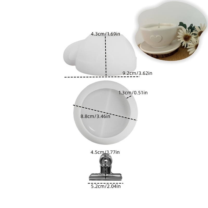 Resin Casting Molds 3pcs/set Heart-shaped Teacup And Saucer Epoxy Mold And 1pc Shaped Candle Holder And Round Pallet Mould Handmade Gypsum Plaster Container Mold Home Decor Making Supplies
