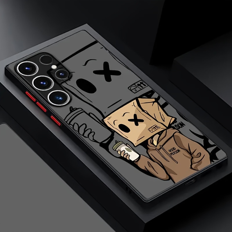 Phone Case - Matte Protective Case For Galaxy S24 Ultra, S23 Plus, S22, S21, S20 Fe Featuring A Coffee Pattern And A Boy In A Cardboard Box, High-quality And Shockproof
