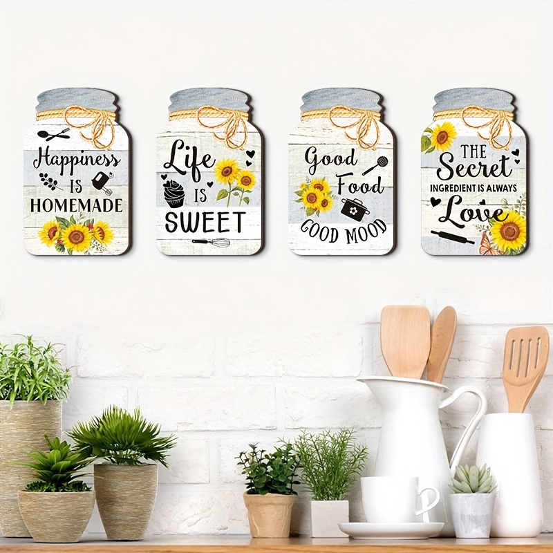 2D Flat, 2D Flat Plane, 4pcs Set - 2D Flat Printed Sunflower Kitchen Decor Wooden Hanging Sign, Wall Hanging, Rustic Style Aesthetic, 2D Flat
