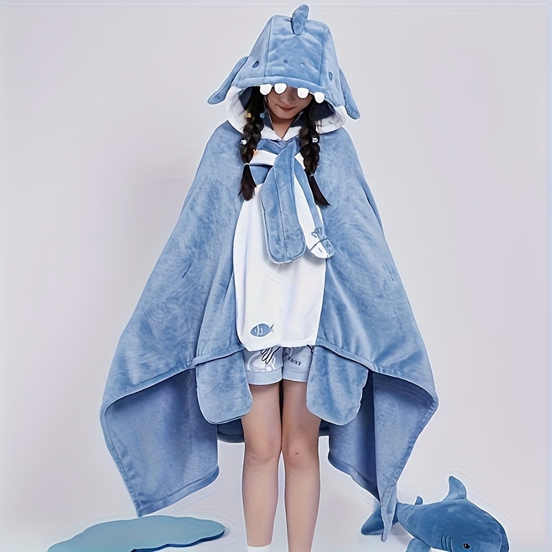 cozy shark hooded cape blanket adults soft flannel wearable Temu