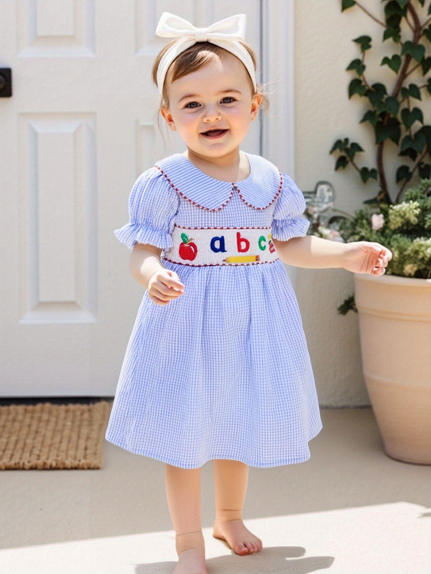 toddler girls blue gingham checkered dress embroidery Temu
