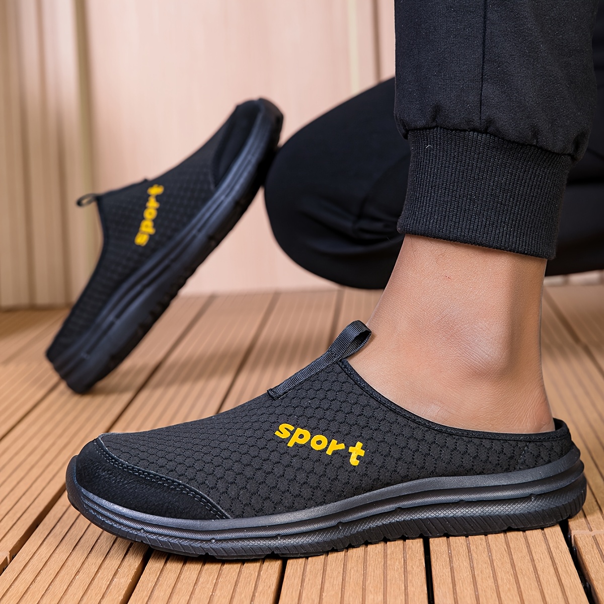mens slip on mules sneakers lightweight black fabric half slippers with sport print comfortable eva sole for indoor outdoor casual wear