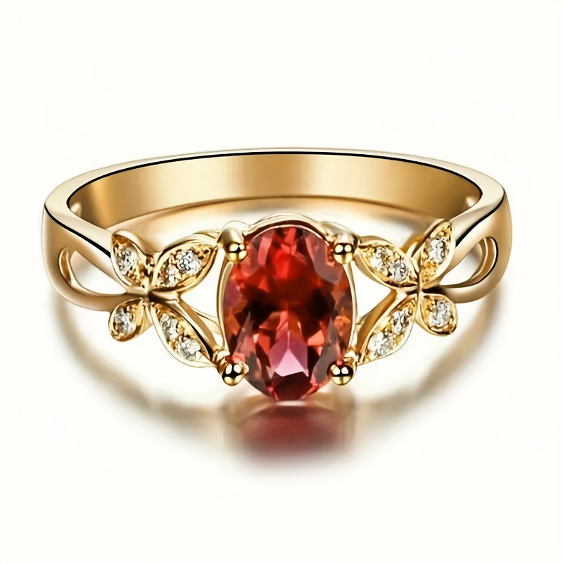 Image of 1pc Elegant Oval Red Cubic Zirconia Engagement Ring, Luxurious Bride Wedding Party Accessory, High-end Jewelry Gift For , Holiday Present