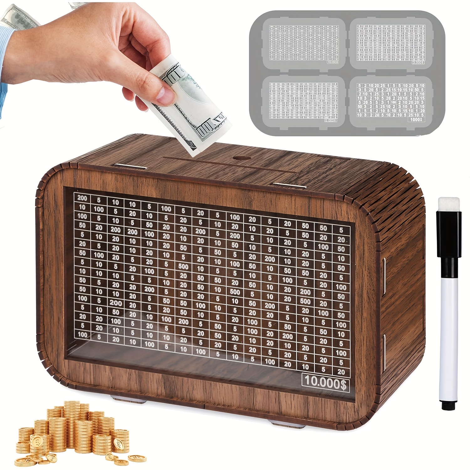 

1pc, Cash Wooden Savings Box, Wooden Money Box With Money Target And Erasable Pen, Wooden Coin Bank Money Box With Counter For Savings Goal $10,000 Or €10,000, Best Gift For Friends