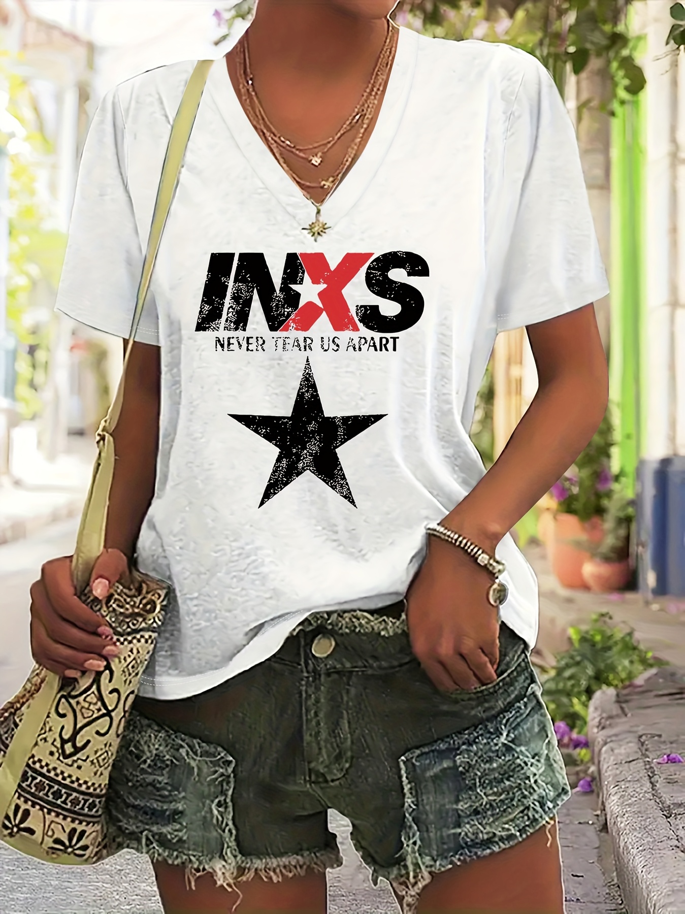 witte dames v hals korte mouw t shirt met nooit scheidt Temu