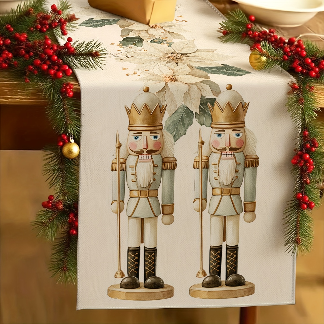 TEMU 1pc Christmas Table Runner - Nutcracker , Christmas Party Decor, 100% Polyester Rectangular Tablecloth For Festival Catering Decoration