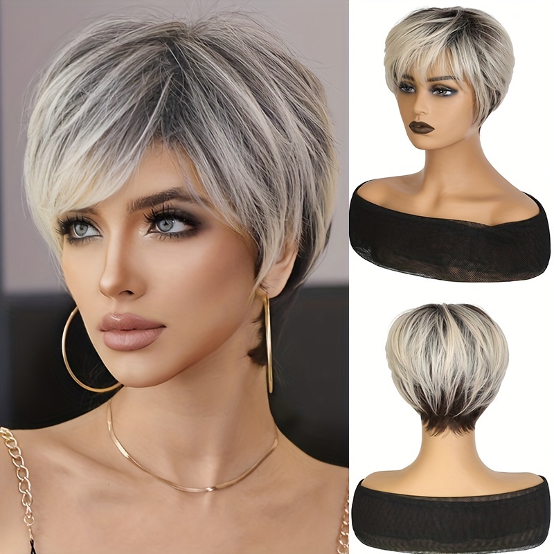 

Women's Layered 8-inch Black And Silver Grey Ombre Pixie Cut Wig With Bangs, Natural Look Synthetic Hair, High-temperature Fiber, Basic Style, Suitable For All, Rose Net Cap, Straight Hair