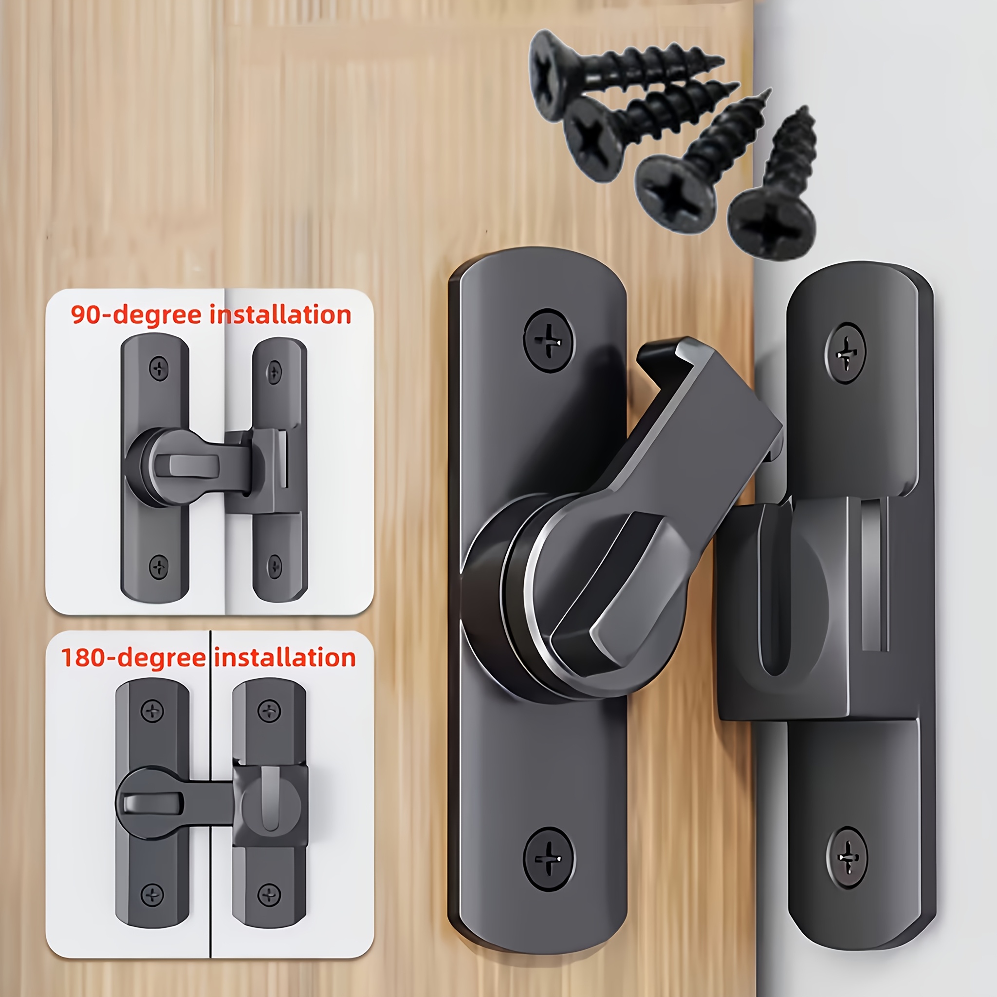 TEMU 6pcs Heavy Duty Security Door Lock Handle, Adjustable 90°/180° Sliding , Anti-pry Lock For Home/bathroom/garage, Black