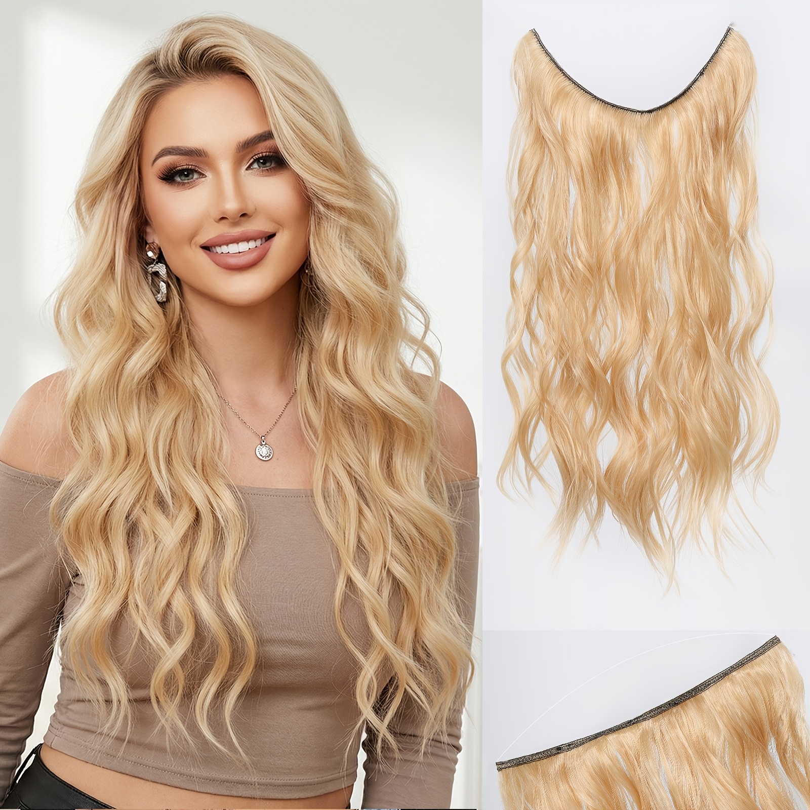 TEMU Extensions de Cheveux Synthétiques 22 Pouces, Ligne de Poisson, Fil Invisible, Mèches Ondulées pour Femmes, Naturel et Élégant, Idéal pour Usage