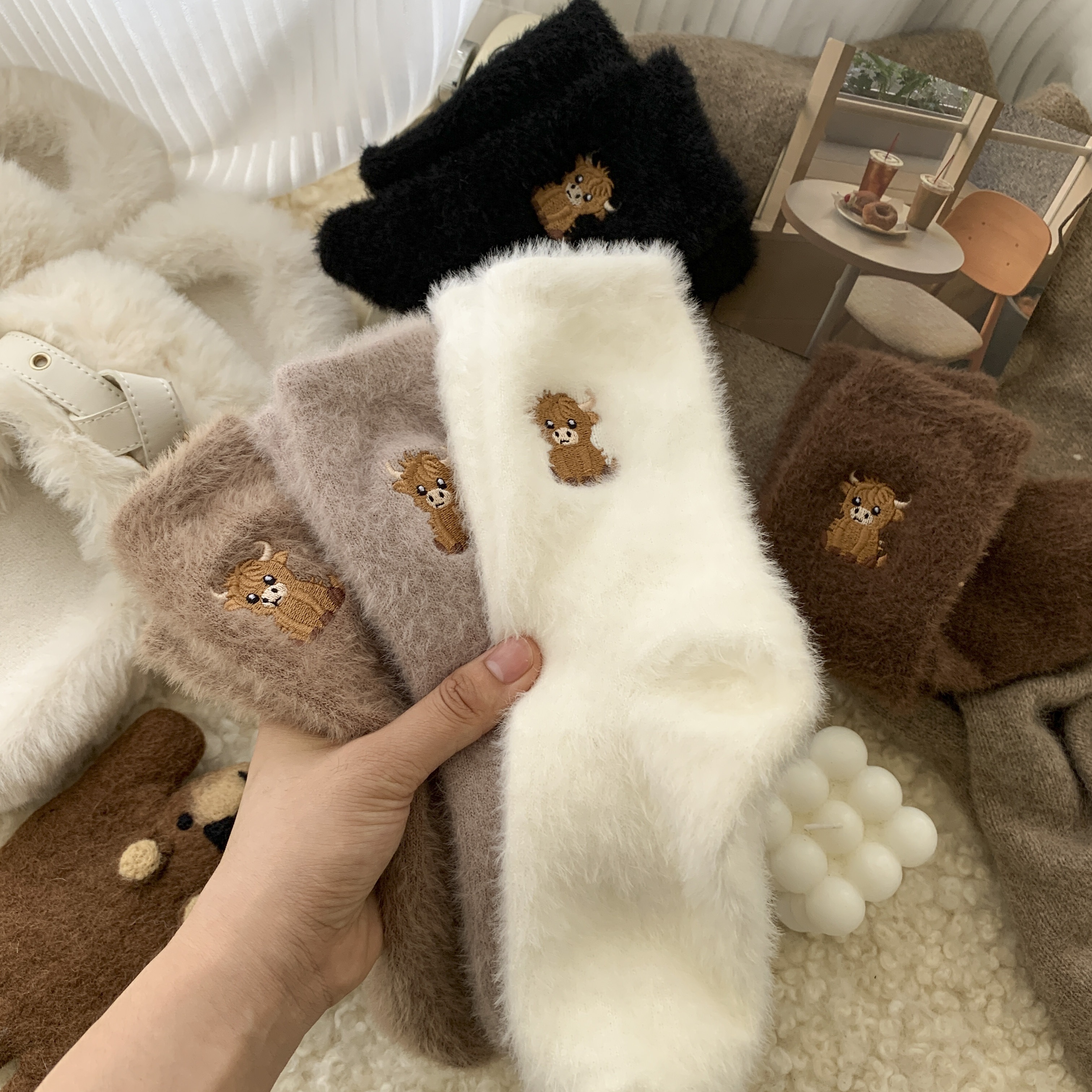 5 pairs womens cow embroidered plush socks winter thick warm soft floor socks with cute cartoon cow design   lounge socks for cold weather brown neutral tones hand   clean fluffy socks indoor       fabric construction  able loungewear stylish loungewear durable stitching     Product details 1