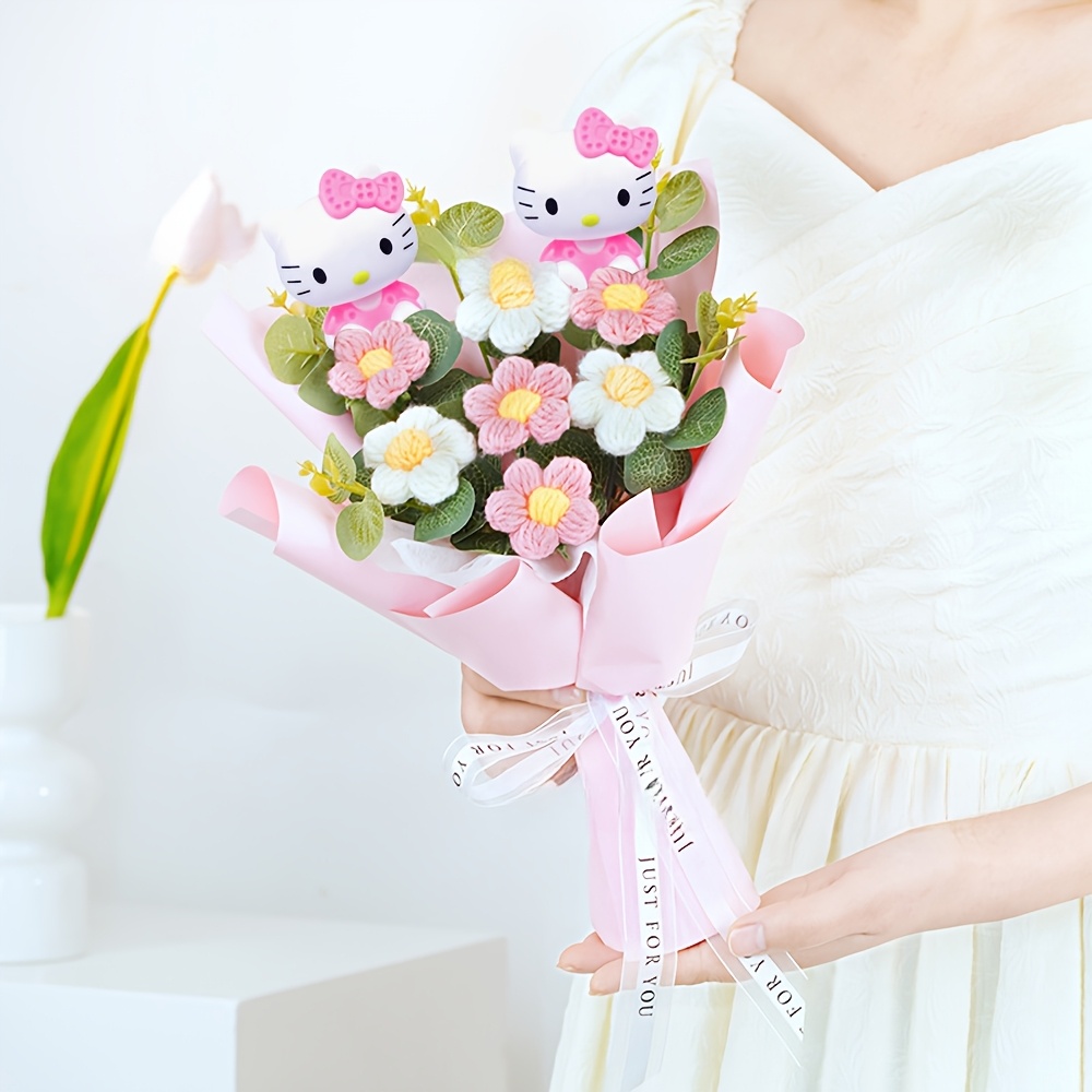 Image of Mother's Day Hand-held Bouquet Hello Kitty Simulated Crochet Daisy Bouquet | Outdoor Courtyard Artificial Flower Decoration Flowers, Garden Decoration Scene Arrangement