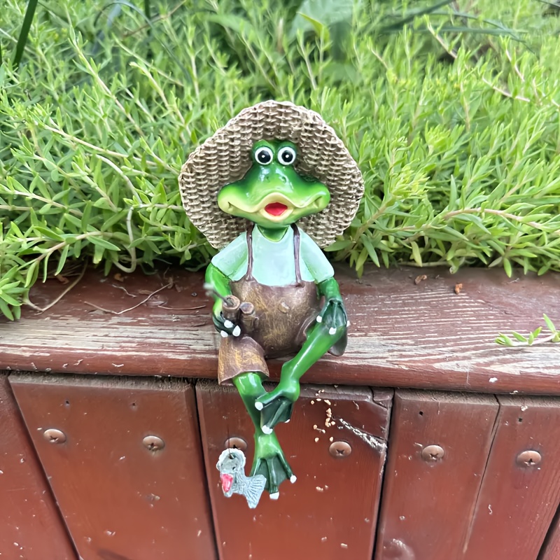 Image of 1pc, Hand Painted Resin Frog Fishing Statue Ornament With Straw Hat - Garden, Patio, Decoration, Gifts, Outdoor Courtyard Garden Statue, Bonsai Statue