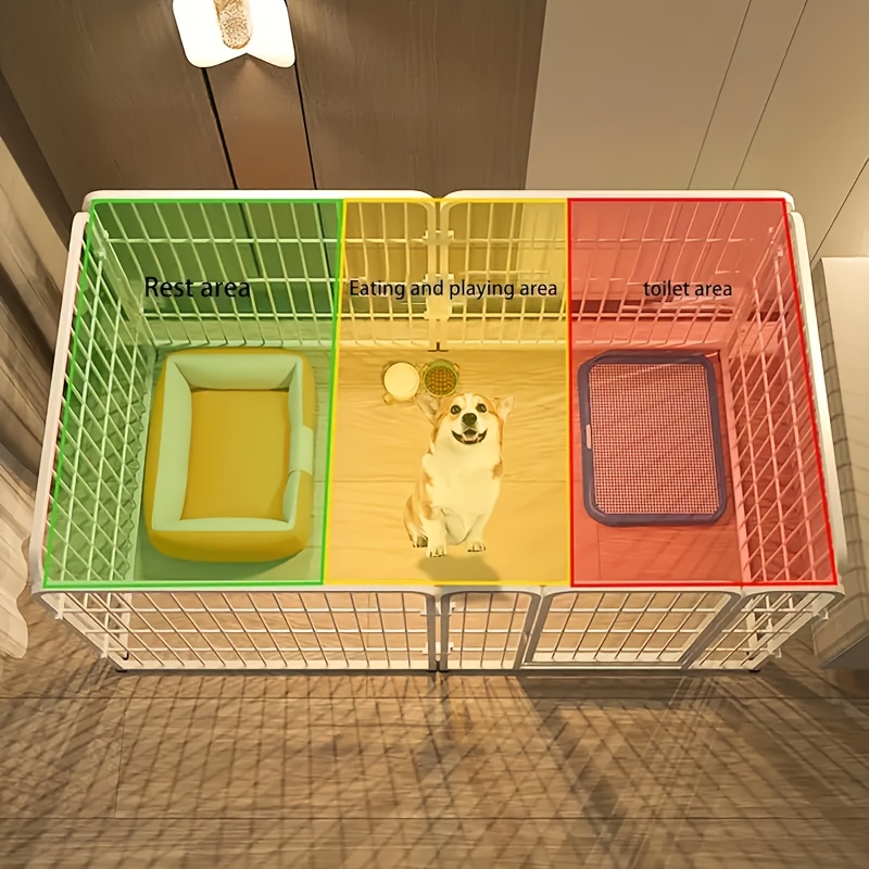 Multifunktionel indendørs hundebur i rustfrit stål med hvile- og legeområder, pottetræning, fleksibelt design til små, mellemstore hunde, nem montering, ideel gave til kæledyrsejere. Produktdetaljer 6