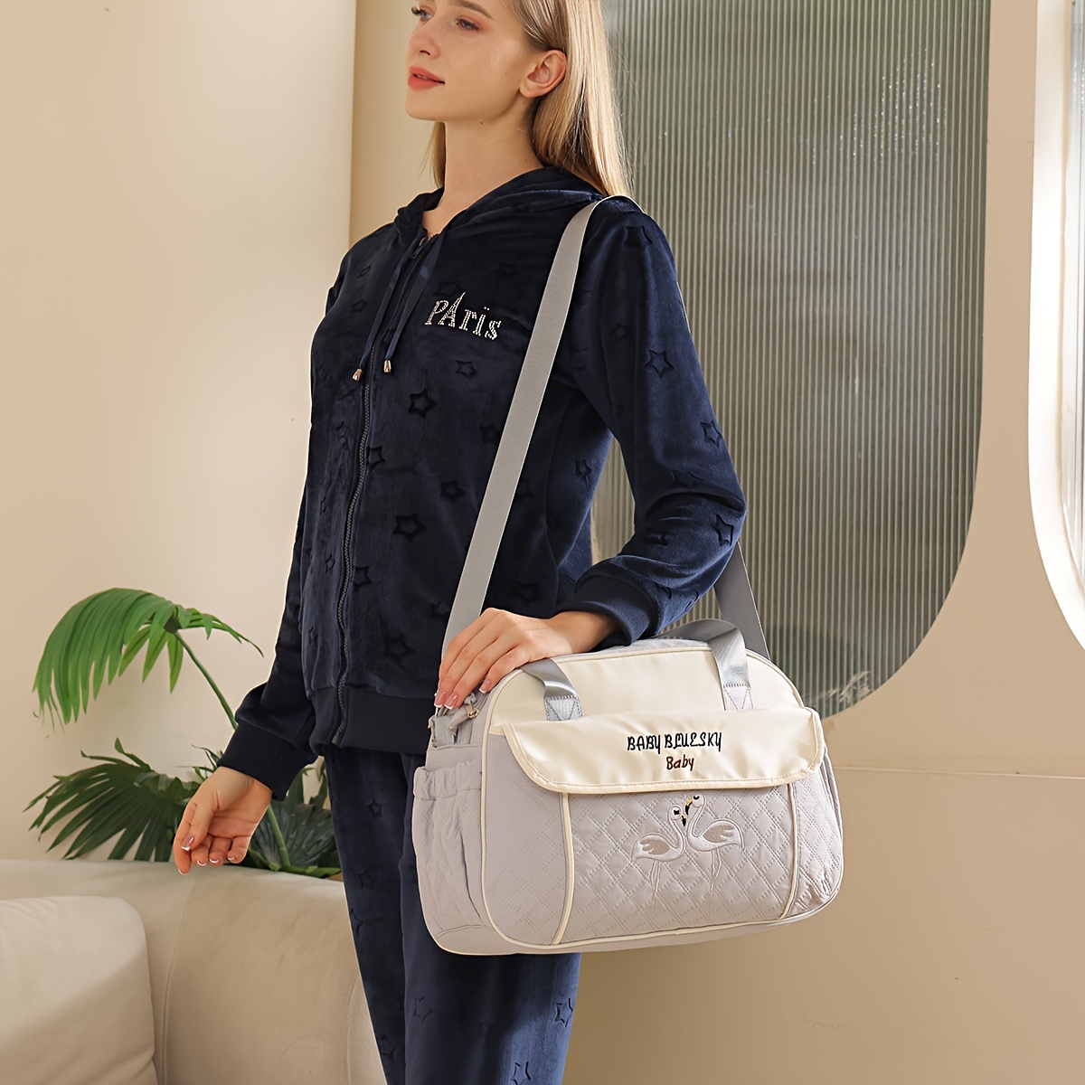 large trendy multifunctional shoulder bag   embroidered large capacity crossbody   with zipper details 0