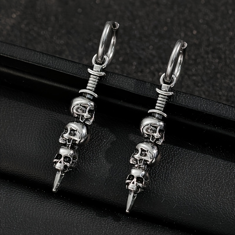 Image of 1 Pair Gothic Round Skull Drop Earrings, Punk Style, Suitable For Women To Wear At Banquets, Parties, And Halloween Events