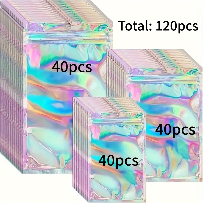 TEMU 120 sacs de rangement holographiques en 3 tailles, avec fenêtres transparentes, sacs scellables, sacs de rangement zippés, échantillons, petites