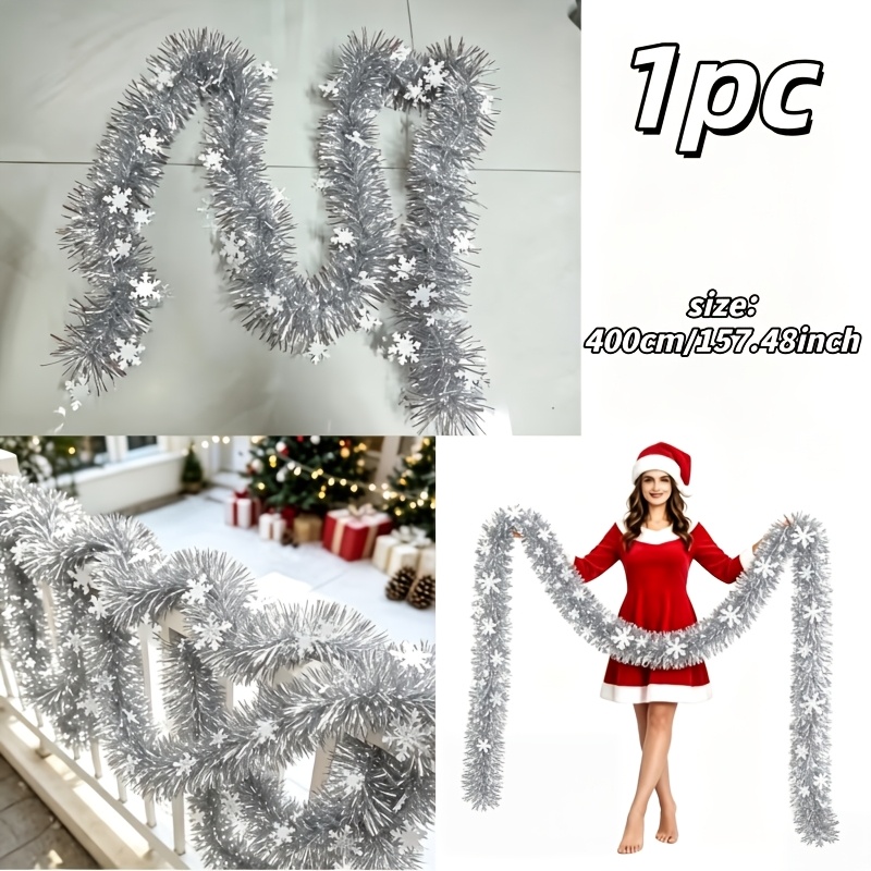 TEMU 157.48 Inches = 1pc Silvery Snowflake Tassel Ribbon, With Metallic Foil Decoration, Fully . Suitable For Stair Handrails, Christmas Trees, And
