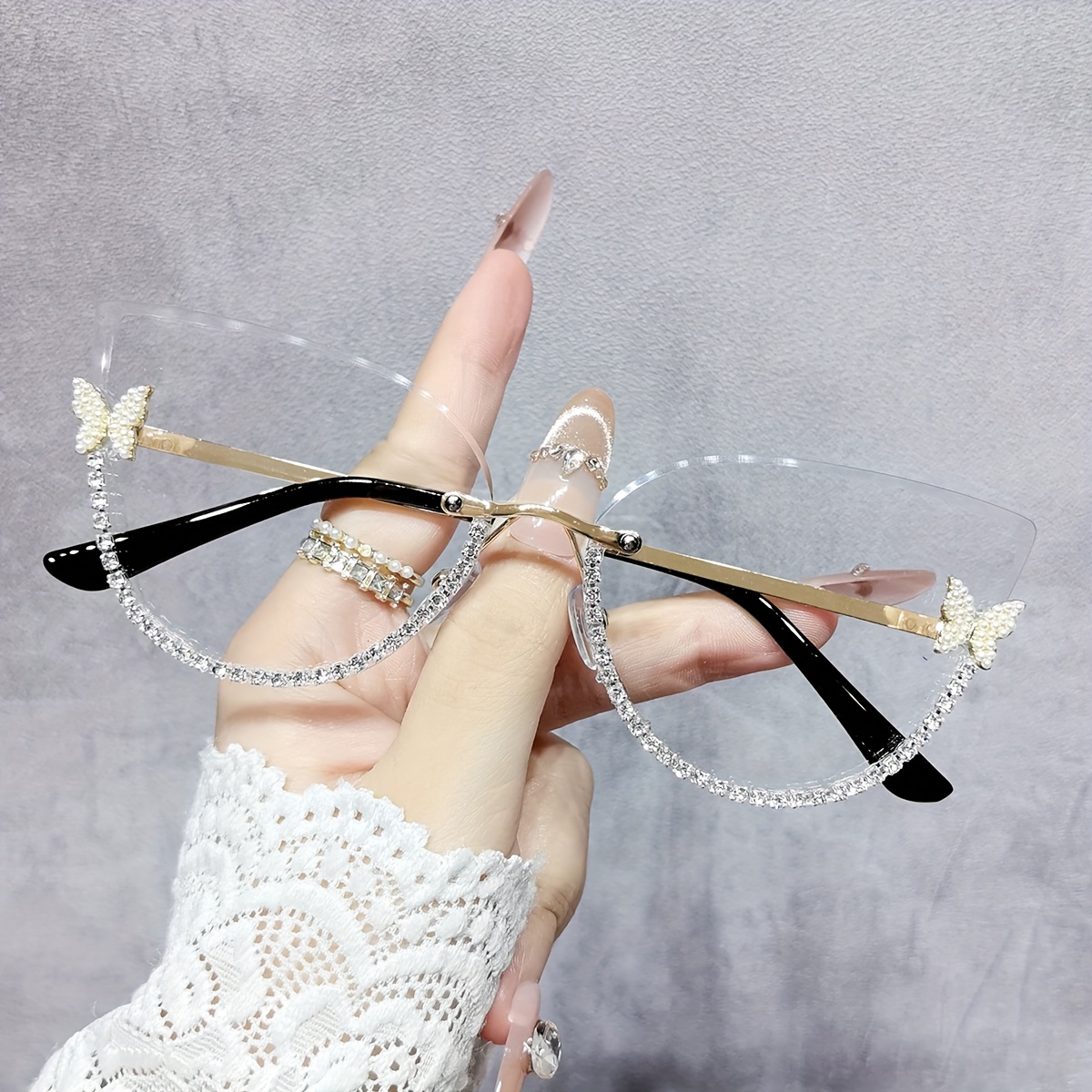 Image of 1 Vintage Elegant Men's And Women's Luxury Rhinestone Cat Glasses With Pc Lenses And Metallic Feel - Perfect For Parties And Looks