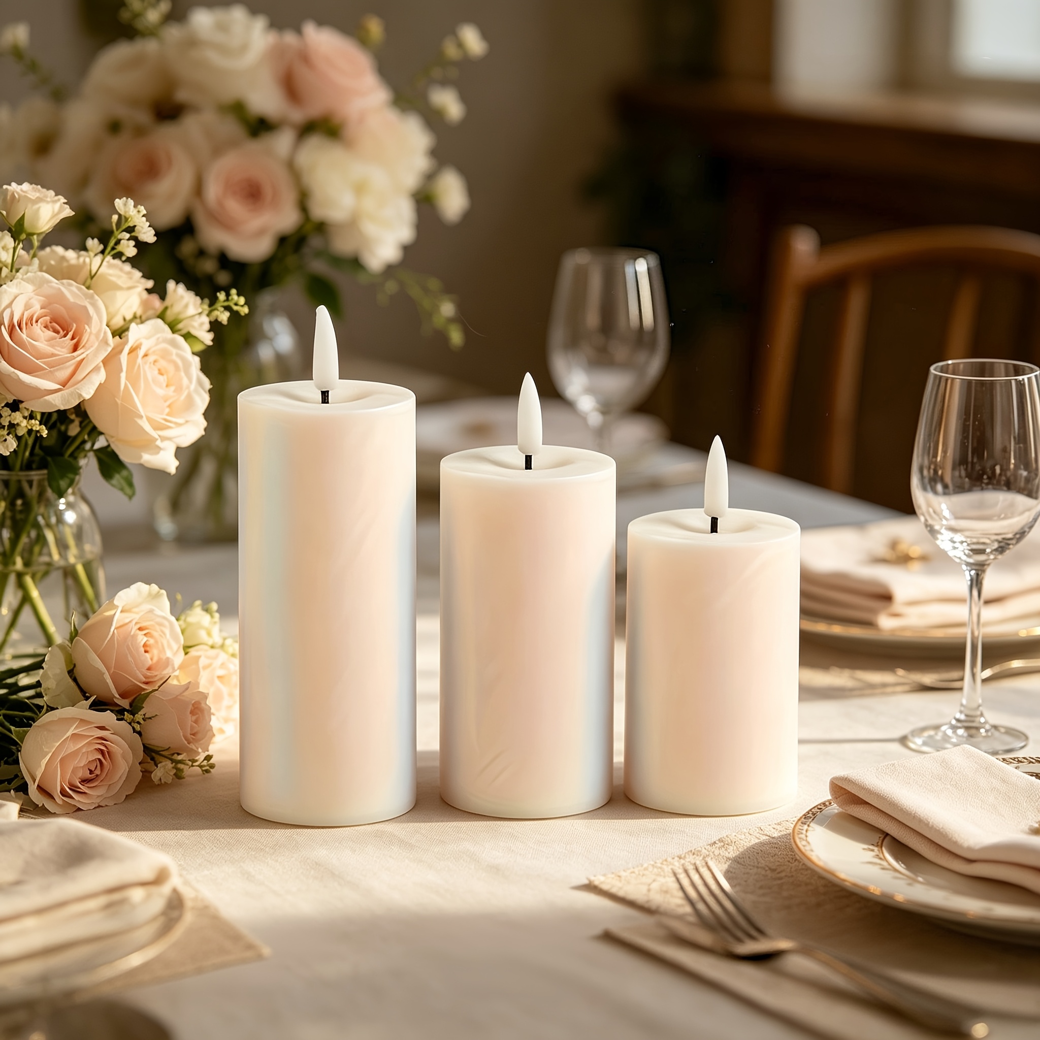 TEMU 3pcs Set Of Flameless Led Flat-bottomed Column Candles, Romantic Ambiance -powered Candles ( Not Included) For Wedding Proposal Decoration, Home