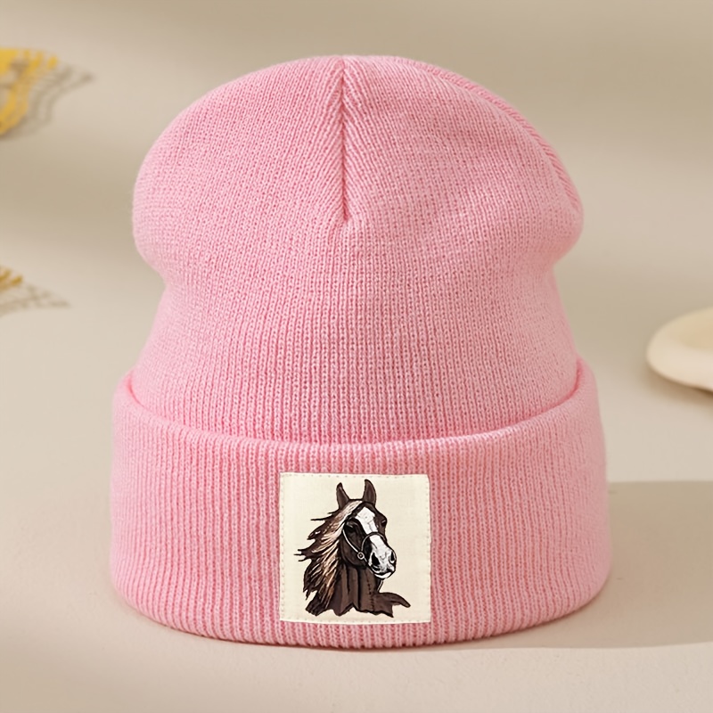 Cartoon Horse Head Patch Print Women's Autumn/winter Hat, Double-layer Versatile Unisex Warm Beanie, Thickened Cold-proof Ear Protection Hat